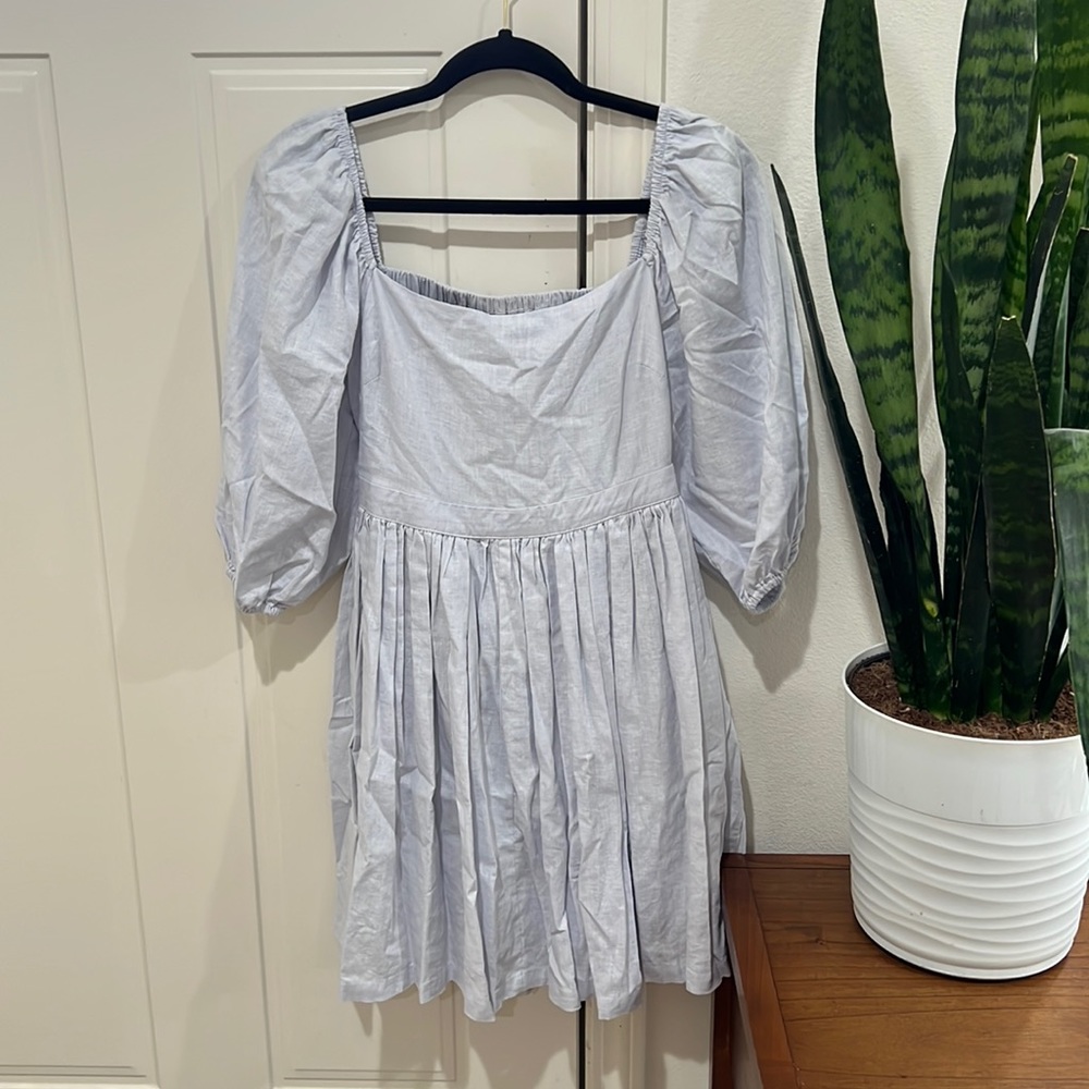Blue open back babydoll style dress. Heavy linen feel. Size M